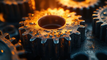 Canvas Print - Close-up of rusty, water-drenched metal gears in warm lighting, showcasing industrial textures and details