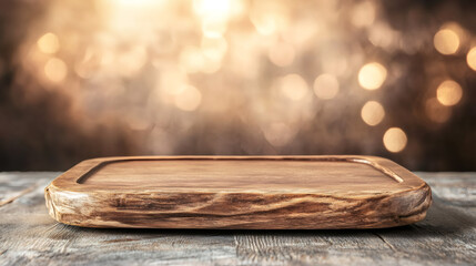 Aufkleber - Weathered wooden cutting board resting on rustic surface, soft golden bokeh illuminating homey kitchen setting