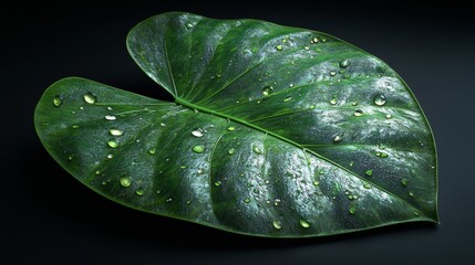 Poster - Lush Green Leaf Showcasing Intricate Patterns and Textures Against a Dark Background Emphasizing Its Natural Beauty and Vitality at Close Range