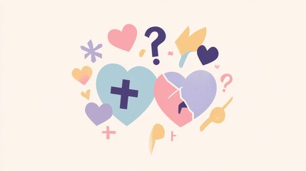 Poster - Colorful Abstract Elements Featuring Hearts, Crosses, and Question Marks, Ideal for Artistic or Design Projects