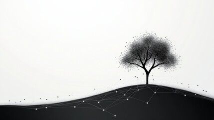 Poster - abstract representation of a solitary tree on a hill with digital connections and a minimalistic bac