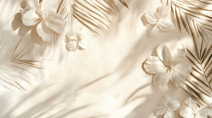 Poster - Soft Floral Design Featuring White Lilies and Palm Leaves on a Textured Neutral Background in a Serene Setting