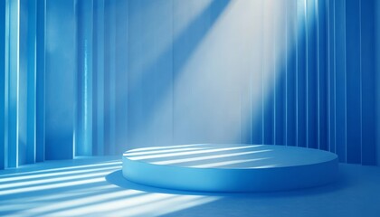 Poster - Bright Blue Light Bursts Radiating From a Circular Platform in a Darkened Space, Creating a Dynamic and Energetic Atmosphere for an Immersive Experience