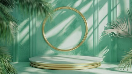 Poster - Tropical Palm Leaf on a Soft Green Background Enhances Natural Decor and Brings a Calming Ambiance to Various Settings in Daytime Light