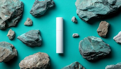 Poster - Unique Arrangement of a Sleek White Cylindrical Object Surrounded by Textured Rocks on a Vibrant Turquoise Background