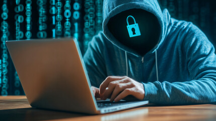 Aufkleber - Hooded hacker with digital lock over face is stealing data typing on laptop with binary code background