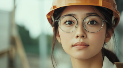 Aufkleber - Female engineer wearing safety glasses and hardhat, representing technical skill and confidence in industrial workplace environment