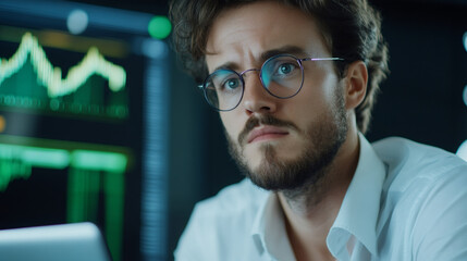 Poster - Financial analyst working late at night in the office analyzing charts and data on multiple computer screens