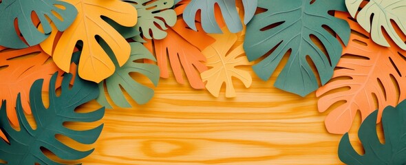 Poster - Colorful Paper Leaves in Shades of Green and Orange Arranged Creatively Against a Wooden Background