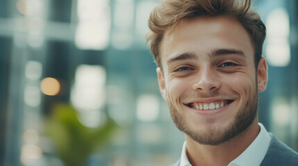 Canvas Print - Close-up of a cheerful young professional showcasing confidence and success in corporate environment