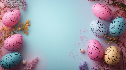 Wall Mural - Colorful Easter Eggs Arranged With Delicate Flowers on a Pastel Background During Springtime Celebration