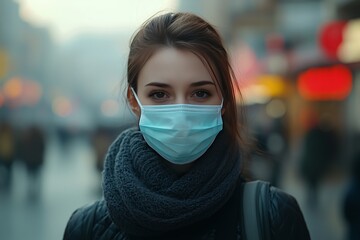 Woman Wearing a Face Mask in a Busy Urban Street During Winter Afternoon