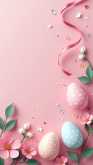 Wall Mural - pastel egg decoration features party streamers colorful pink background festive holly leaves spring flowers flat lay