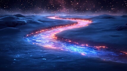 Wall Mural - glowing river flows through snowy landscape, starry night, fantasy art, game asset