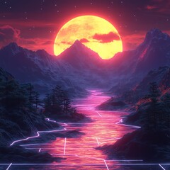 Wall Mural - retro sunset river valley mountain digital art