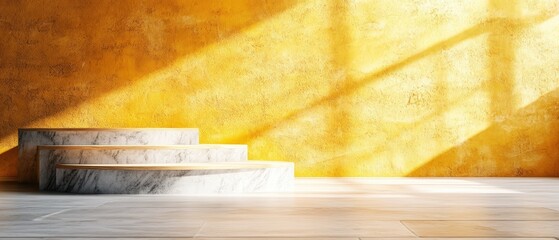 Poster - Yellow wall with a marble bench positioned in front of it for photo opportunities and aesthetic appeal