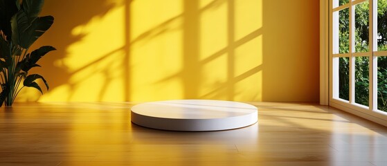 Poster - White round object on wooden floor in a well-lit indoor setting with natural light and shadows