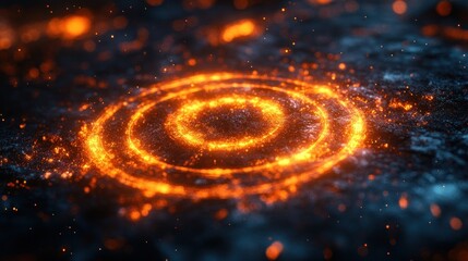 Wall Mural - glowing fiery rings on dark surface, energy effect, bokeh background, abstract design
