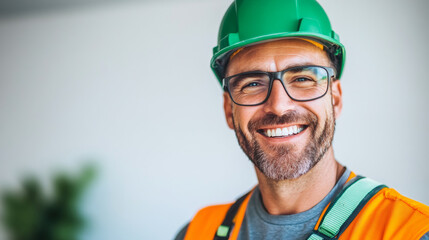 Aufkleber - Close-up of a cheerful construction worker wearing glasses and a safety helmet, showcasing workplace safety and professionalism