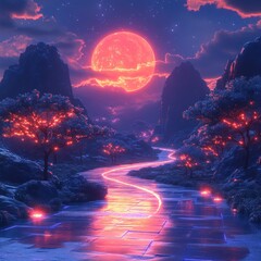 Wall Mural - surreal night river, red moon, mountains, glow, fantasy, artwork, peaceful, wallpaper