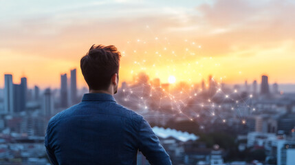 Aufkleber - Businessman admiring the intricate network of a smart city, basking in the warm glow of a breathtaking sunset, envisioning future possibilities