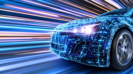 Poster - Abstract Blue Car Speeding on Highway with Motion Blur and Glowing Particles
