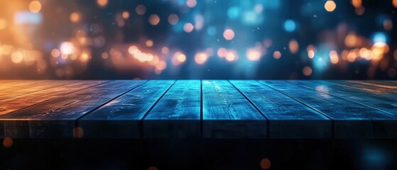 Poster - wooden table with blurred background and photo frame placed on it in a cozy indoor setting