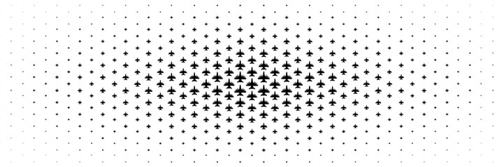 Poster - horizontal halftone of black fighter plane with bomb and missile spread from center on white.