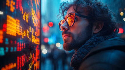 Poster - A man wearing glasses observes stock market data reflected in his lenses, standing in an urban environment with glowing financial charts