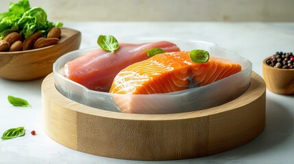 Wall Mural - meat vacuum-sealed . fresh halal food and grocery. Fresh salmon fillets on a wooden board with herbs and nuts.