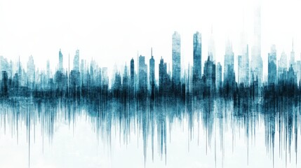 Poster - abstract city skyline silhouette with blue tones reflecting on a calm surface, evoking tranquility