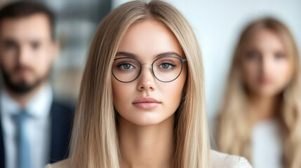 Canvas Print - Portrait of a businesswoman wearing eyeglasses, her colleagues standing behind her out of focus