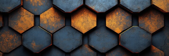 Poster - Graphic pattern featuring hexagons with a textured appearance and a mix of blue and orange hues