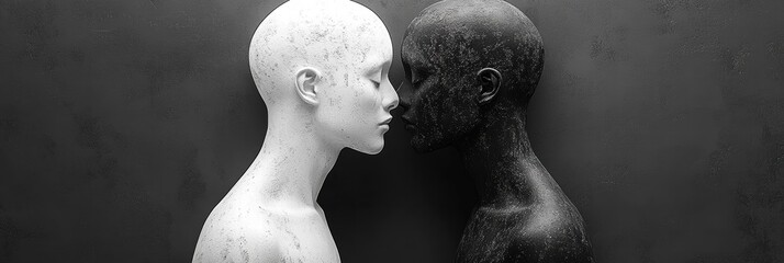 Poster - Two contrasting figures in black and white touching foreheads against a dark background