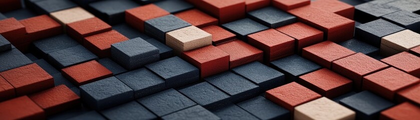 Poster - Colorful arrangement of red and black blocks with a photo in the center on a white background