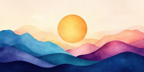 Poster - Sunset over colorful mountains scenic landscape digital art calm environment aesthetic viewpoint