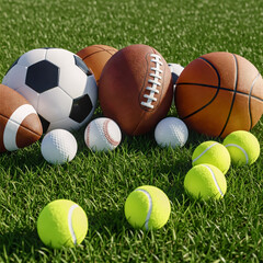 sports balls in the grass: a vibrant collection of sports balls, including soccer, basketball, footb