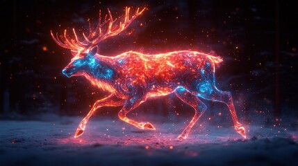 Wall Mural - fiery stag running snowy forest night fantasy