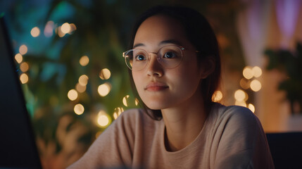 Aufkleber - Concentrated professional typing on laptop, late-night remote work setting with soft illumination blurring background