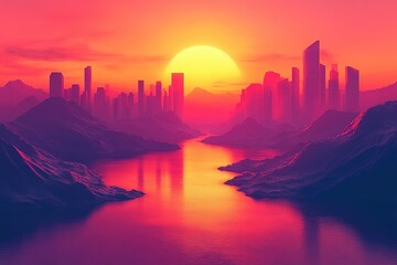 Poster - Sunset over a modern city skyline reflecting on a tranquil river surrounded by mountains