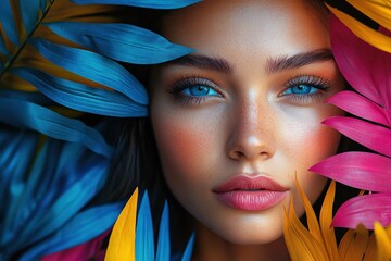 Stunning close-up portrait framed by vibrant tropical leaves showcasing natural beauty