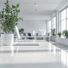 Poster - Advertising photo of a modern office with focus on the large and impressive desk, product view of an empty white office desk, camera position behind the desk, 