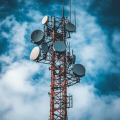 Poster - Telecommunications Tower Against Cloudy Sky: A hub of connectivity reaching high into the blue expanse, transmitting signals.