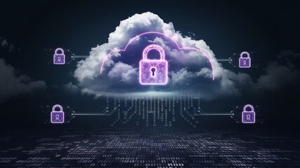 Poster - Cloud Data Security: A glowing padlock secures data within a digital cloud, emphasizing data safety, protection, and the importance of cybersecurity in the modern age.