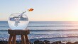 © Sohail - Golden Fish Leap to Freedom: A determined goldfish leaps out of its glass bowl towards the open ocean, representing freedom, aspiration.