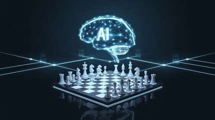 Poster - AI's Strategic Mind: A conceptual illustration of artificial intelligence with a glowing brain above a chessboard, symbolizing strategy, intelligence, and technological advancement.