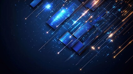 Poster - Abstract blue background featuring glowing squares and photorealistic elements for design and art projects