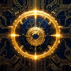 Poster - Glowing golden circular interface with intricate circuitry.