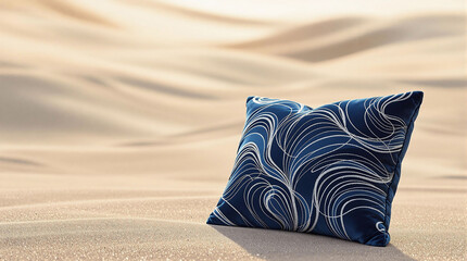 Poster - A pillow with a blue and white pattern set against a backdrop of undulating sand dunes.