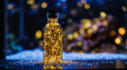 Poster - A glass bottle filled with illuminated fairy lights, set against a blurred background of bokeh lights. The bottle is transparent, allowing the vibrant yellow of the fairy lights to shine through.